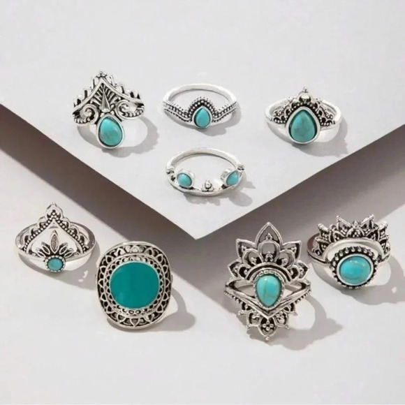 1 LEFT! 8 piece Silver & Turquoise Bohemian Ring Set - Picture 2 of 5